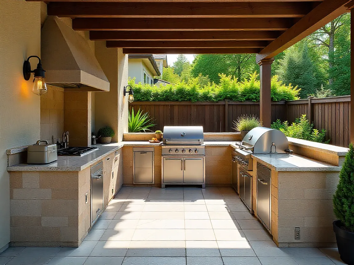 Custom outdoor kitchen with natural stone countertops and built-in grilling station