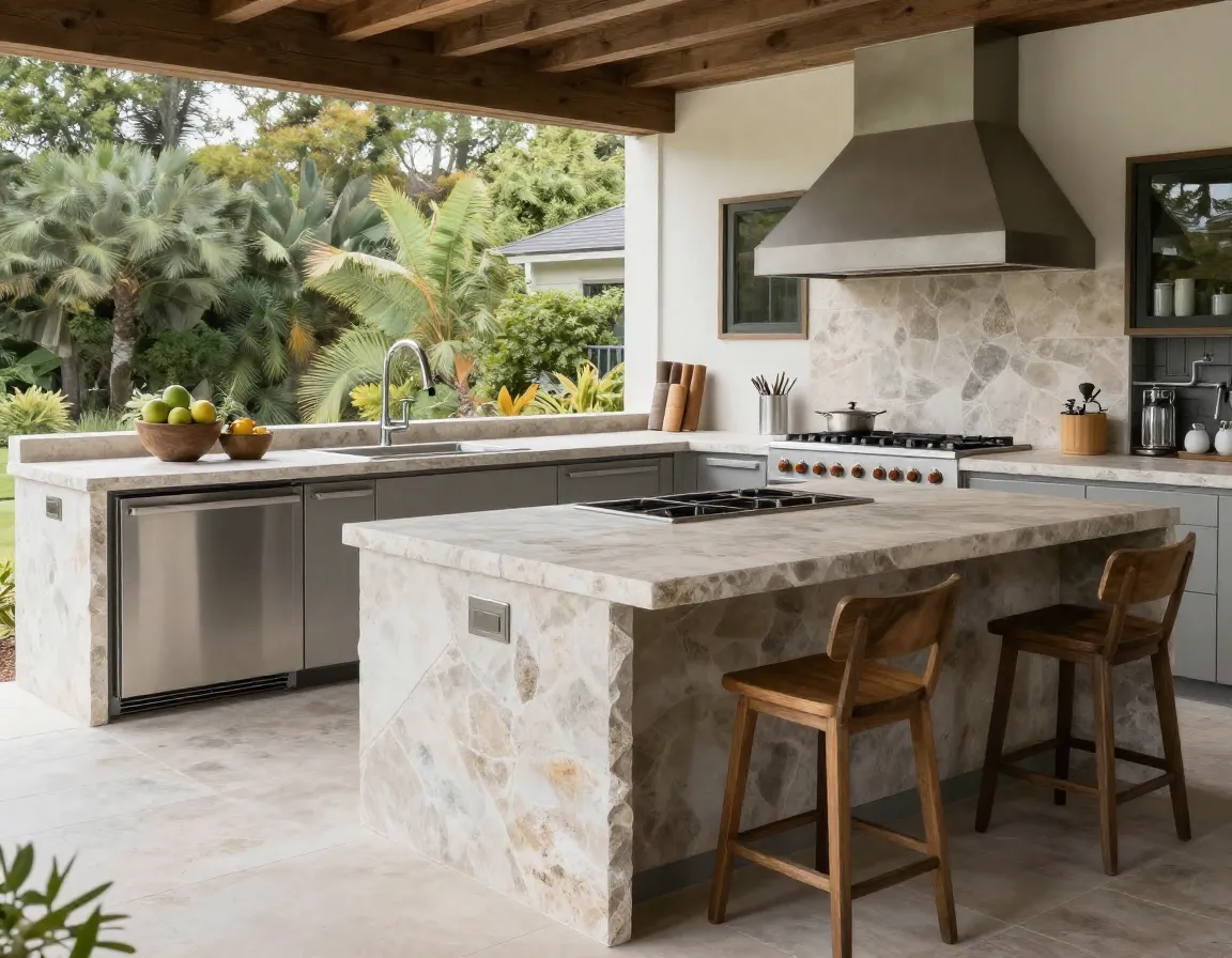 Luxury outdoor kitchen with stone countertops and professional appliances